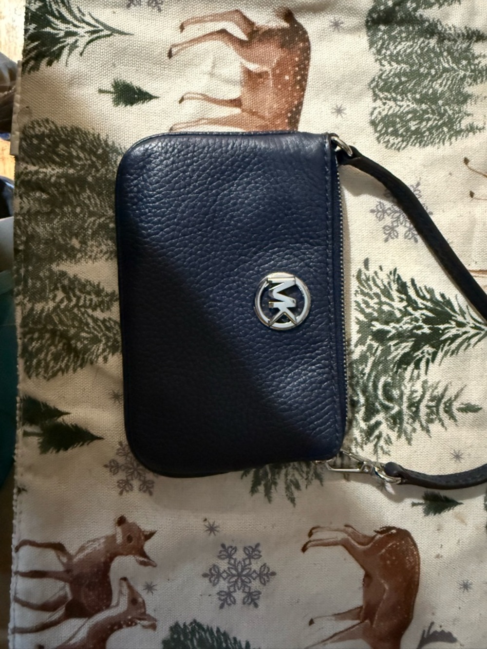 Michael Kors Navy Pebbled Leather Wristlet with Silver MK Emblem